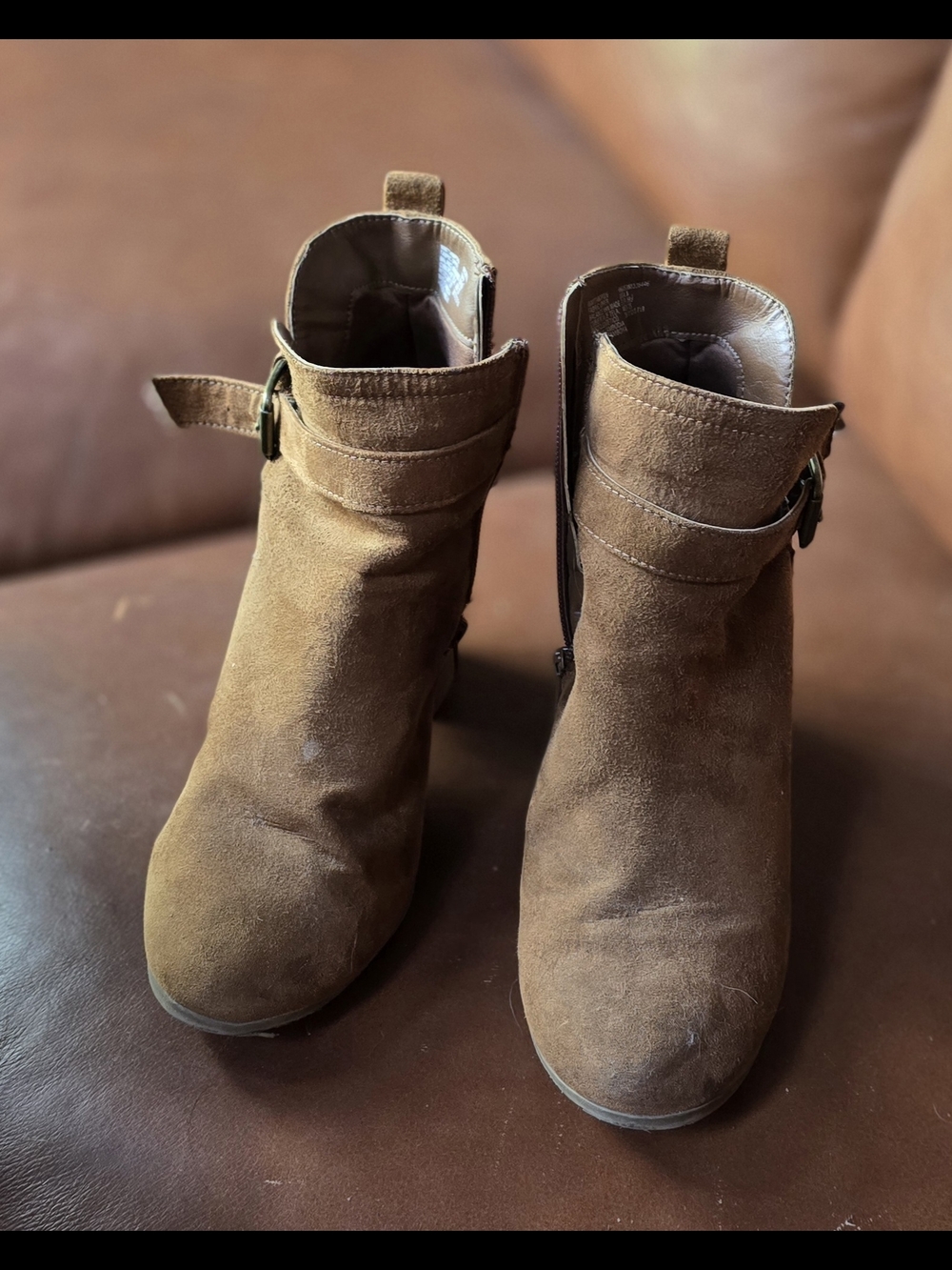 Time and Tru Chestnut Suede Ankle Booties with Buckle Accent